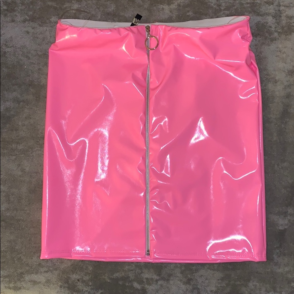 Pink leather mini skirt